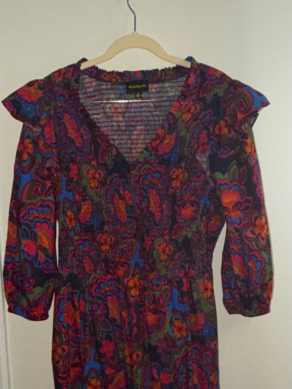 Sugarlips V-Neck Tiered Midi Dress in Purple and Blue Paisley